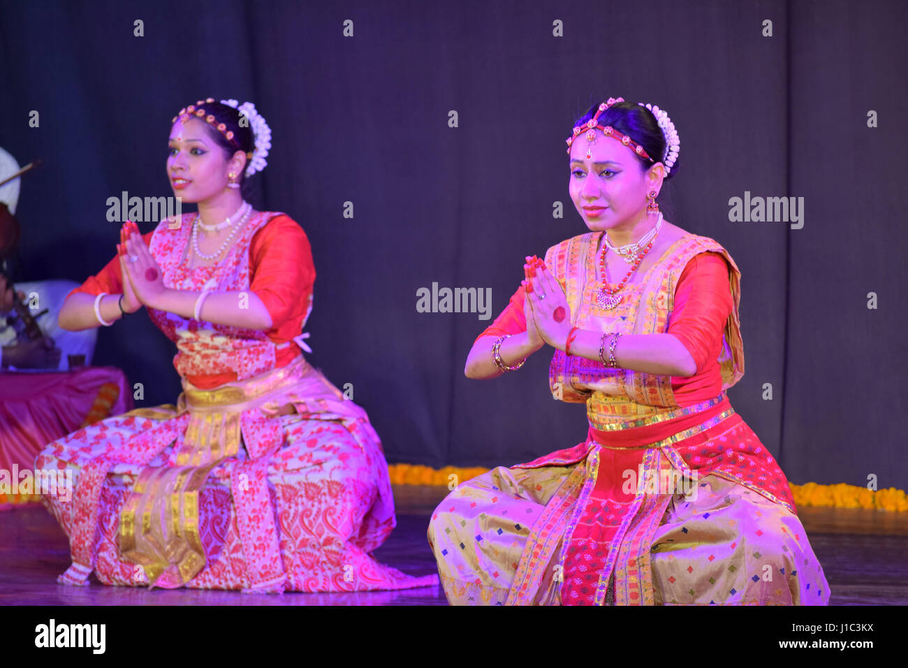 Indian classical dancing couple performing Sattriya dance , Maharashtra. Stock Photo
