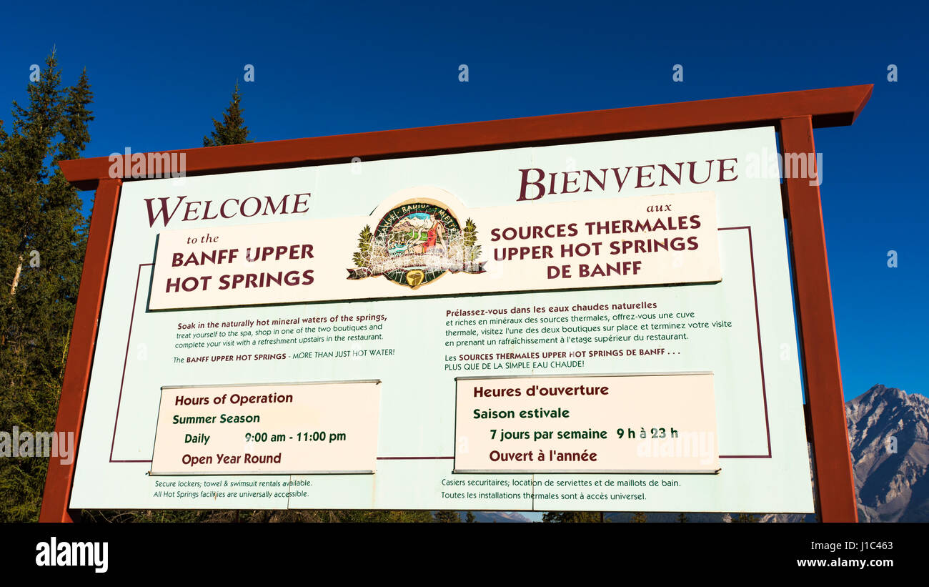 Entrance sign at Upper Banff Hot Springs on Sulphur Mountain, Banff National Park, Alberta, Canada Stock Photo
