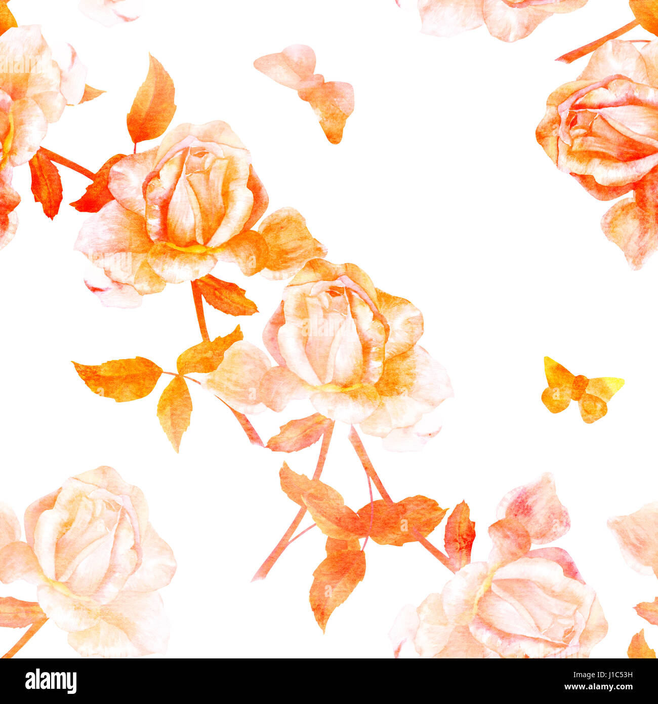 Seamless pattern, watercolor rose and butterfly, golden toned Stock ...