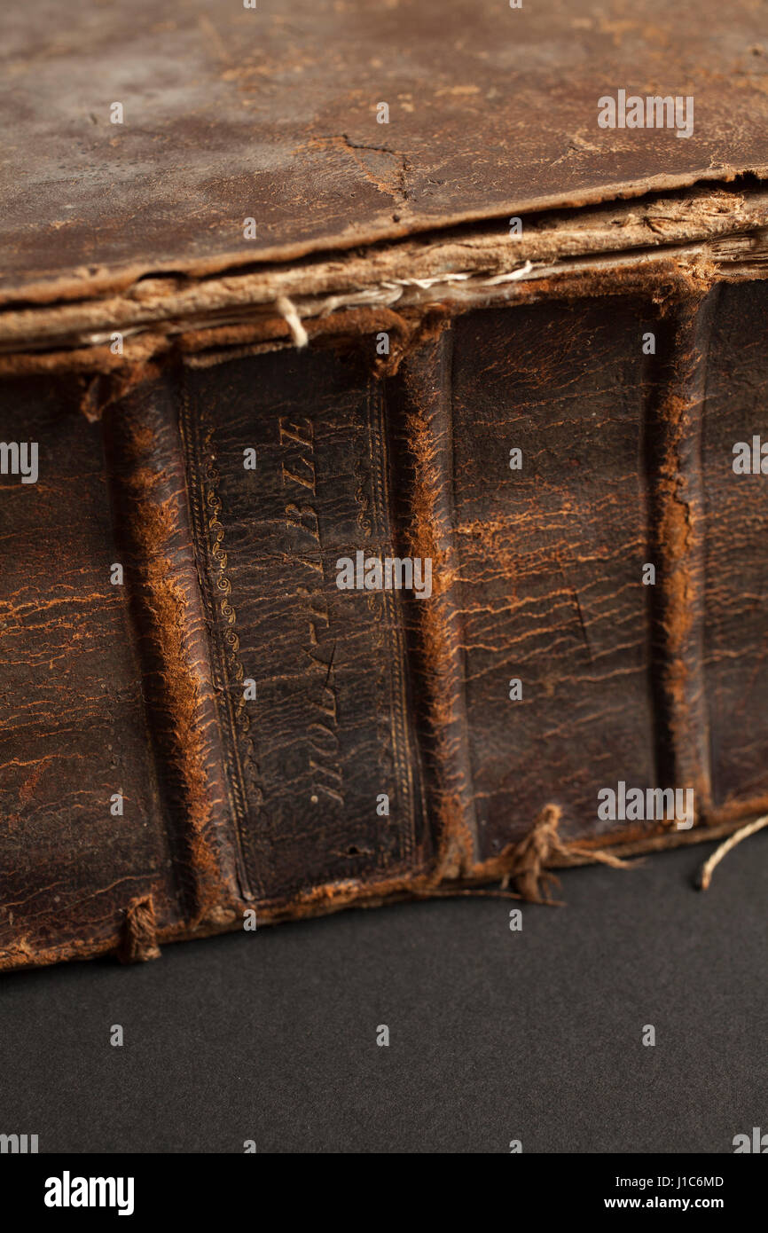 Closeup of the cover of a 200 year old Bible. Stock Photo