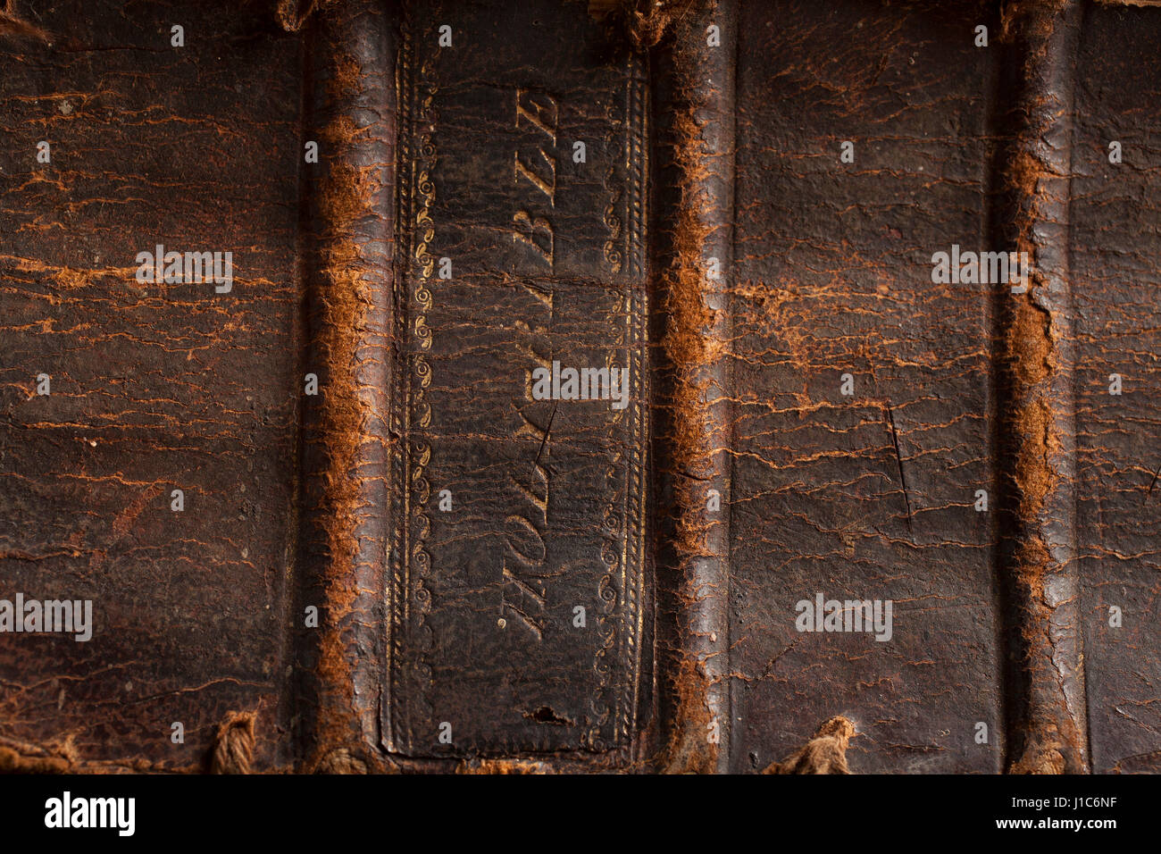 Closeup of the cover of a 200 year old Bible. Stock Photo