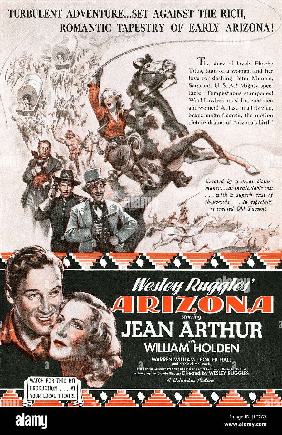 1940 U.S. advertisement for the film Arizona starring Jean Arthur and William Holden. Stock Photo
