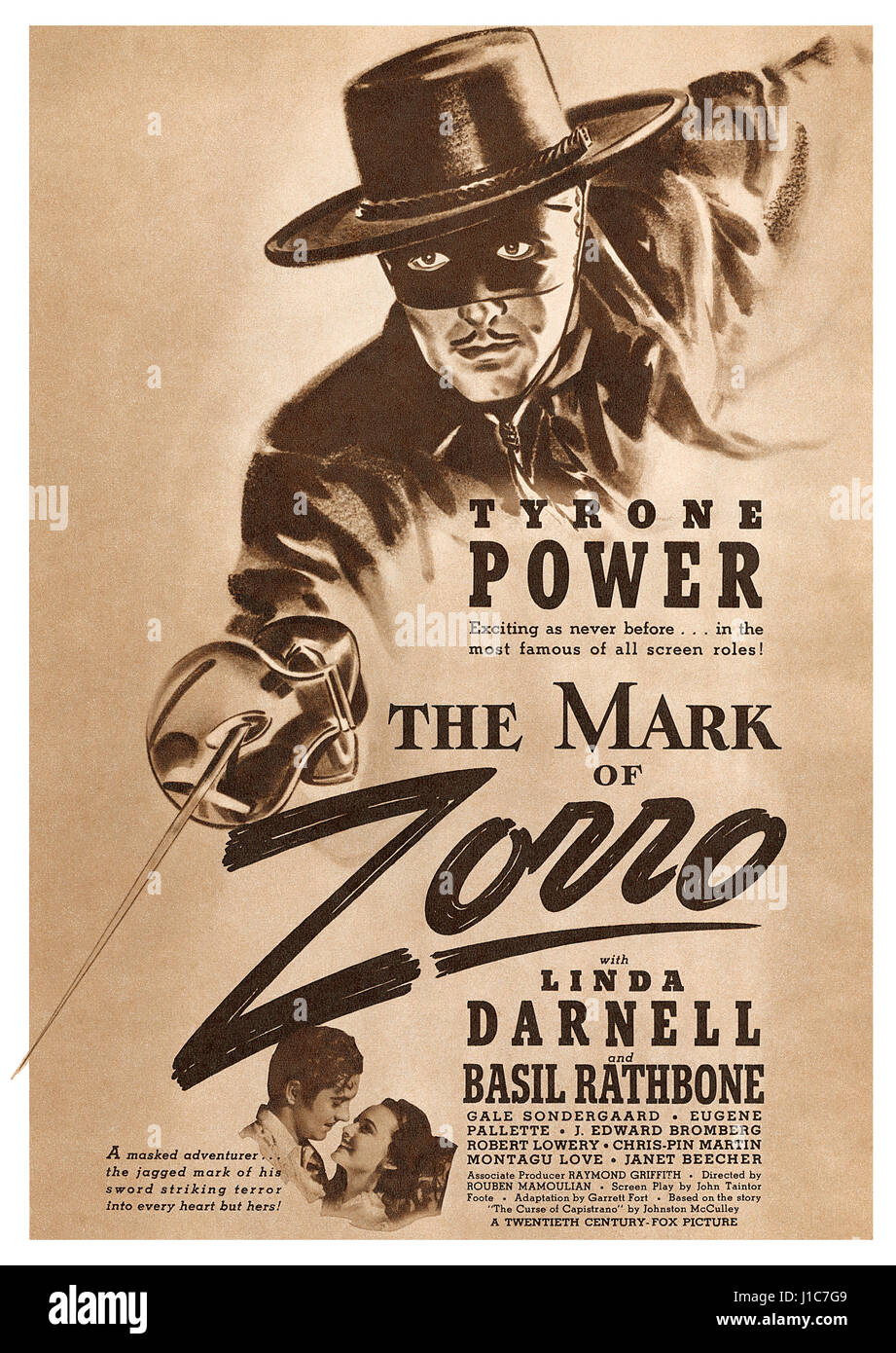 1940 U.S. advertisement for the film The Mark Of Zorro, starring Tyrone Power, Linda Darnell and Basil Rathbone. Stock Photo