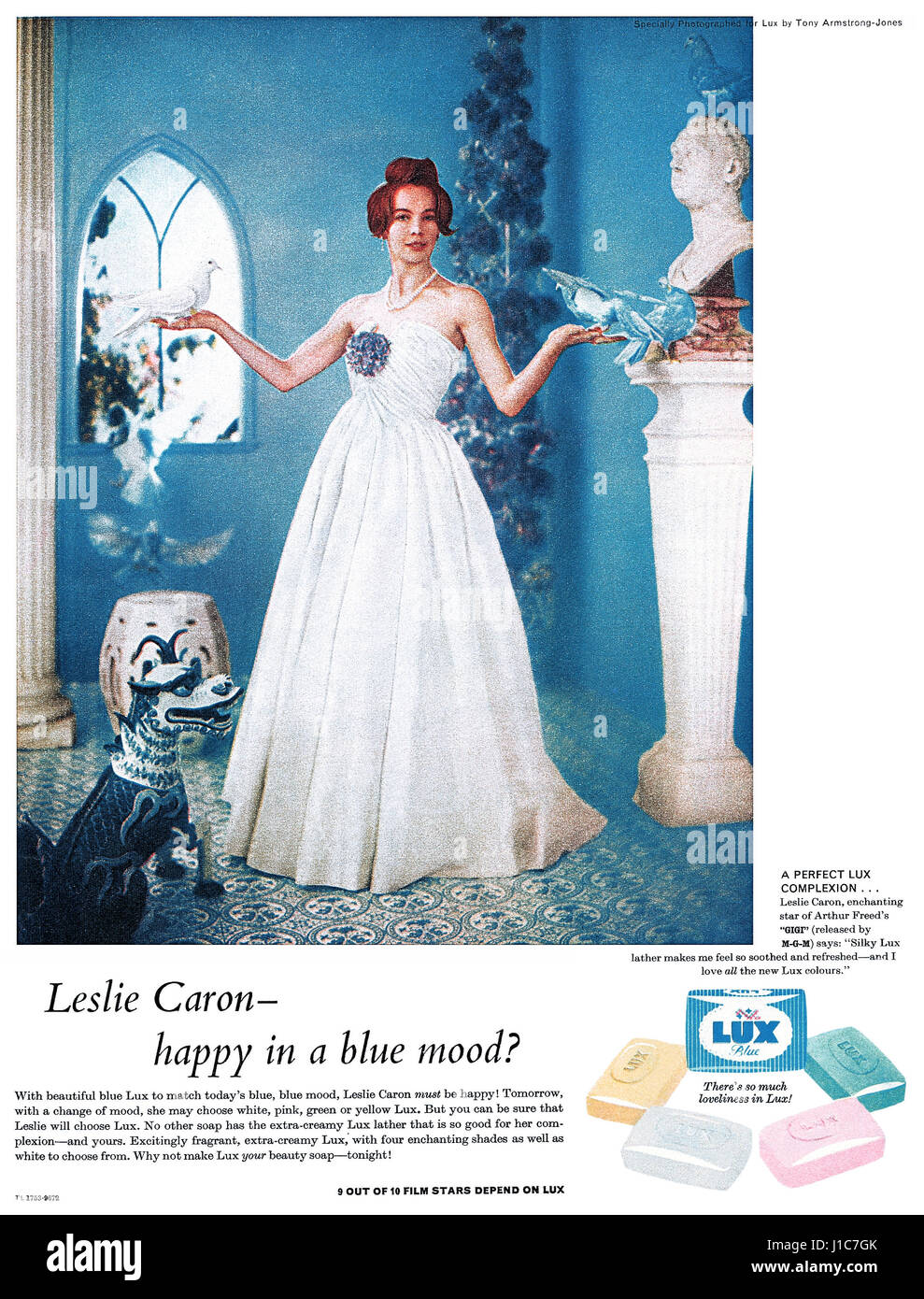 1959 British advertisement for Lux Soap, featuring film star Leslie Caron. Stock Photo