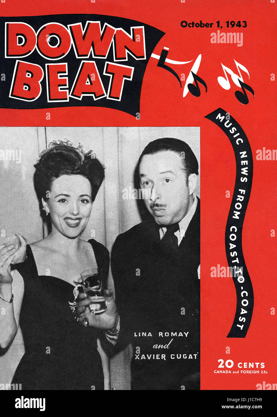 Front cover of Down Beat magazine from 1st October, 1943, featuring Lina Romay and Xavier Cugat. Stock Photo