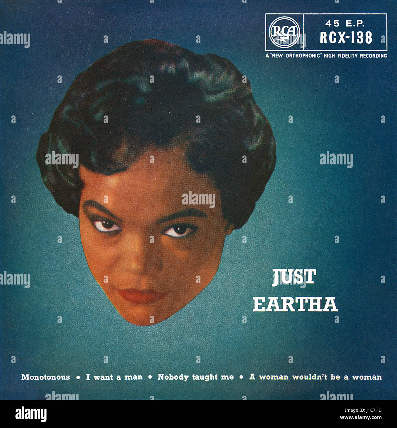 Front cover of the record sleeve for the UK EP Just Eartha by Eartha Kitt. Issued on the RCA label in 1959. Stock Photo