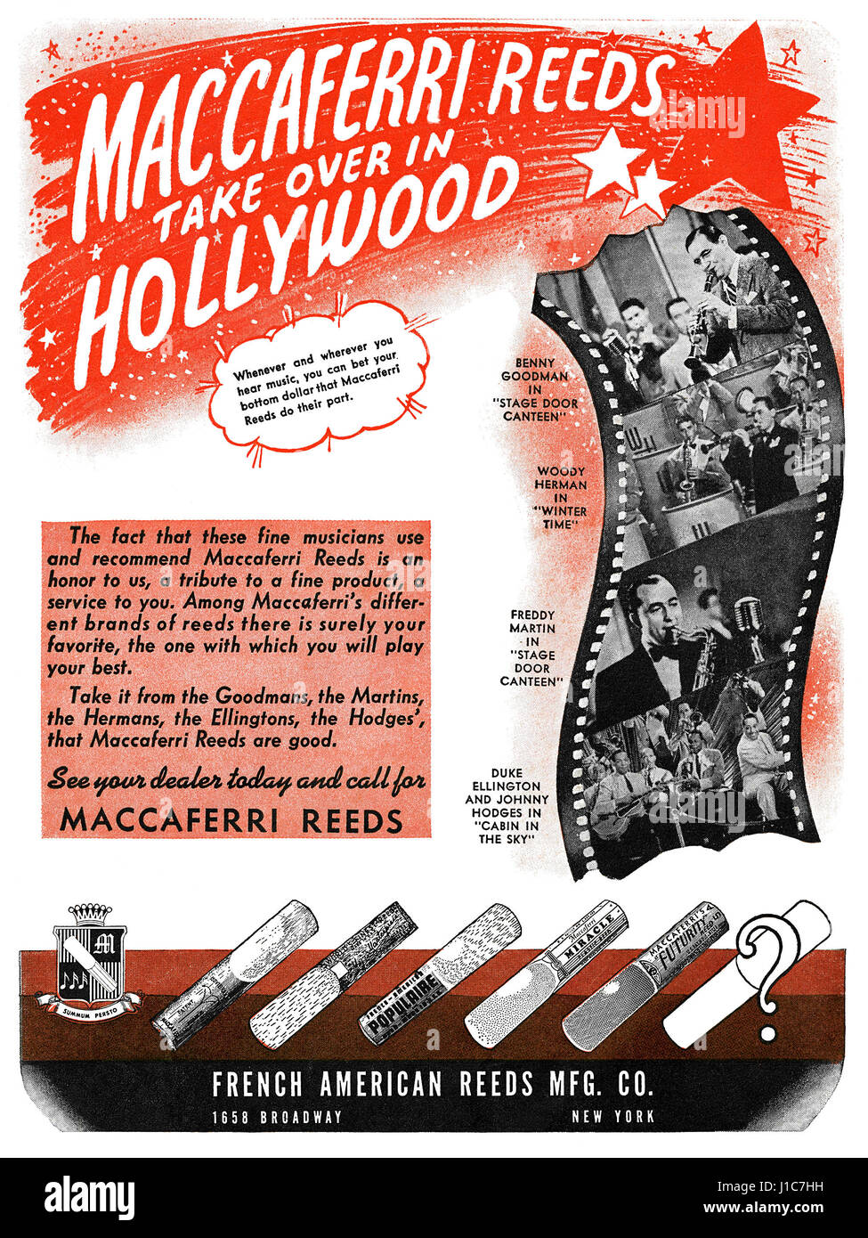 1943 U.S. advertisement for Maccaferri Reeds. Stock Photo