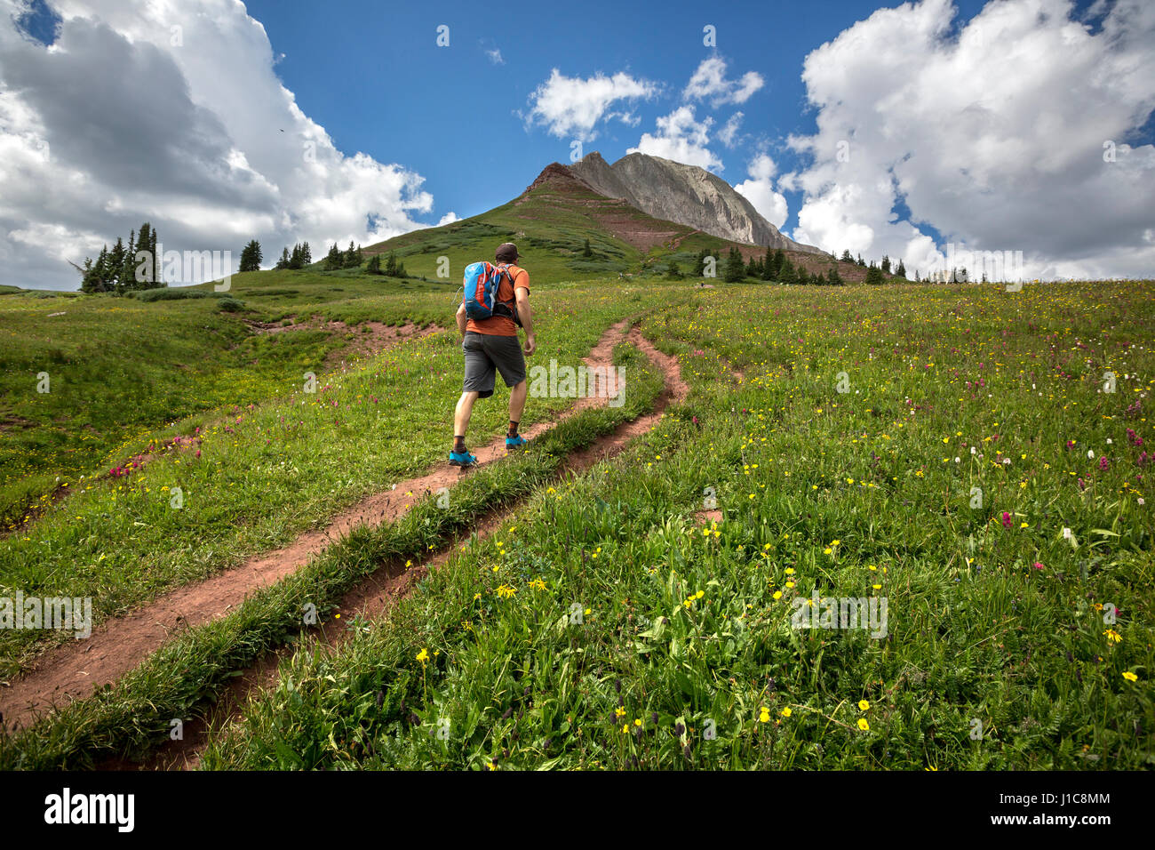 Eric Odenthal hiking towards Engineer Mountain, Colorado. Stock Photo