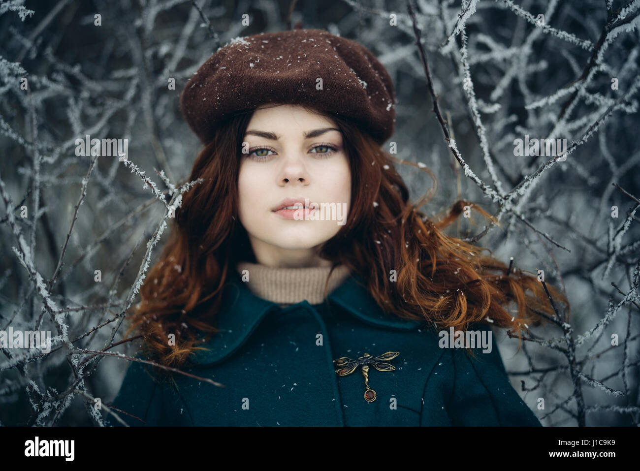 Serious Caucasian woman near icy branches Stock Photo