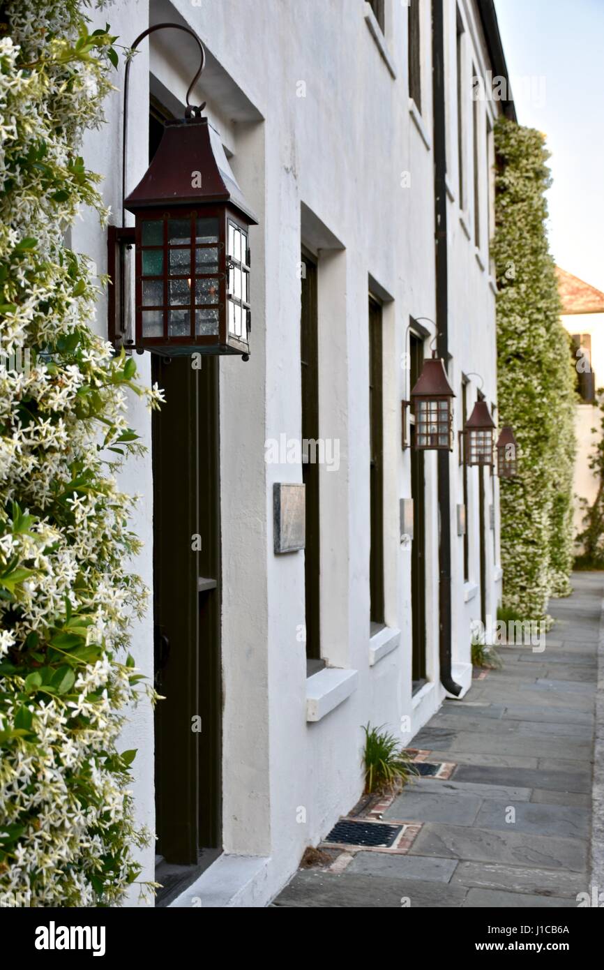 Colonial home exterior with vertical plants and old lanterns displayed on the side of home Stock Photo