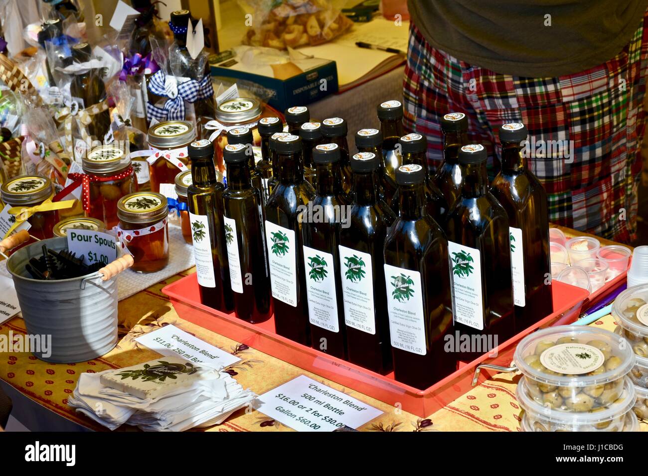 Fresh locally made olive oil at the Charleston farmers market Charleston, South Carolina Stock Photo