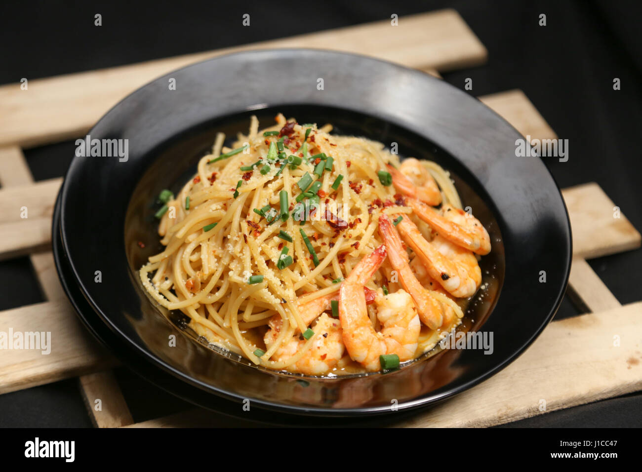 Malaysian Infused Prawn Spaghetti Stock Photo