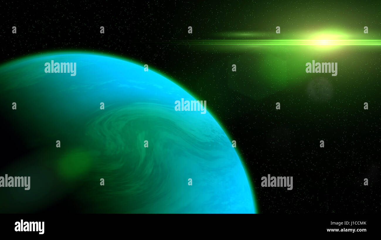 gassy exoplanet in shades of green and blue lit by a nearby sta Stock Photo