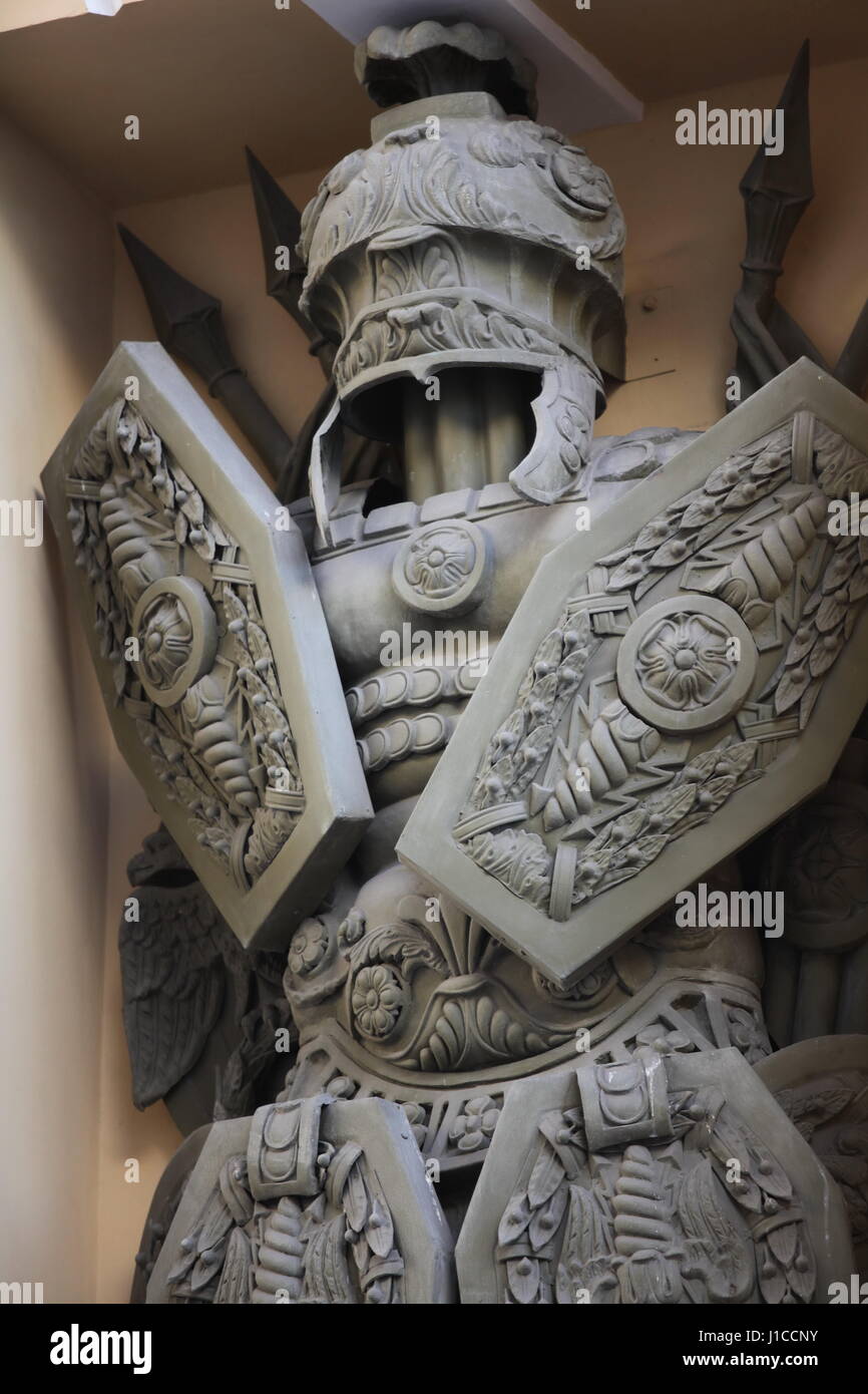 Roman warrior bronze sculpture,armor architectural basrelief Stock