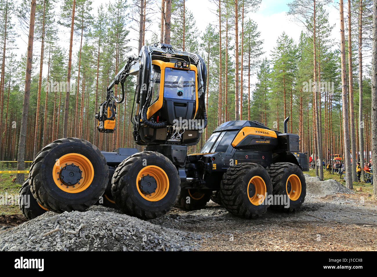 JAMSA, FINLAND - SEPTEMBER 1, 2016: Ponsse presents harvester Scorpion King in a work demonstration on the heavy machinery exhibition FinnMETKO 2016 i Stock Photo