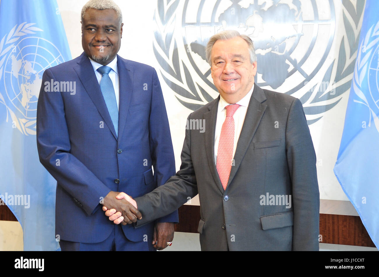 New York, United States. 19th Apr, 2017. UN Secretary-General Antonio Guterres meets with Moussa Faki Mahamat, the new Chairperson, African Union Commission (UA). The 28th AU Summit in Addis Ababa, capital of Ethiopia, January 31, 2017 chose Chadian Moussa Faki Mahamat as its new president for a four-year term. They convened today, April 19, the first UN-AU Annual Conference. Credit: Luiz Roberto Lima/Pacific Press/Alamy Live News Stock Photo