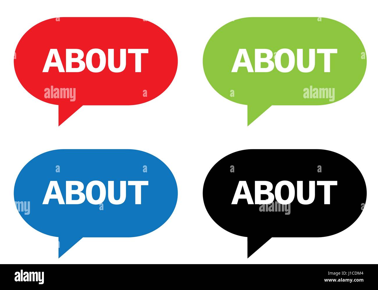 ABOUT text, on rectangle speech bubble sign, in color set Stock Photo ...
