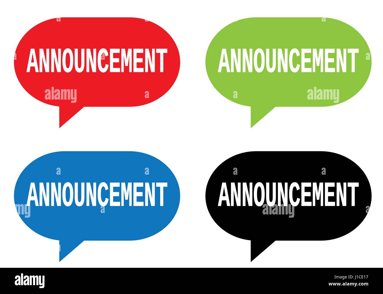 Announcement Color In ANNOUNCEMENT text, on rectangle speech bubble sign, in color set Stock ...
