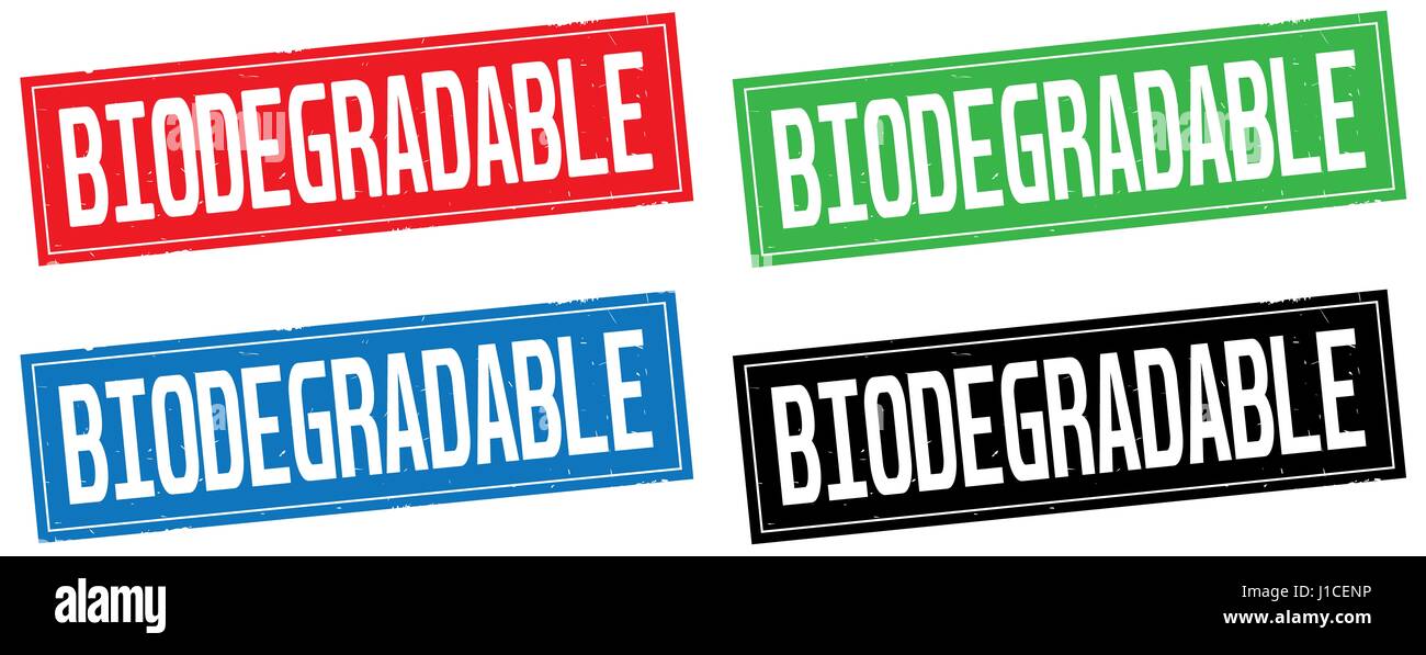 BIODEGRADABLE text, on rectangle stamp sign, in color set Stock Photo ...