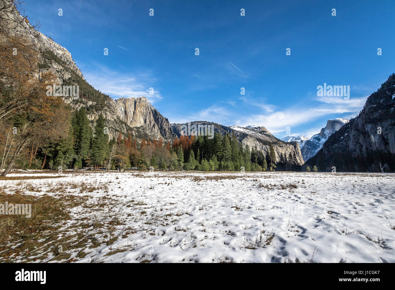 View of Yosemite Valley at winter  with Half Dome - Yosemite National Park, California, USA Stock Photo