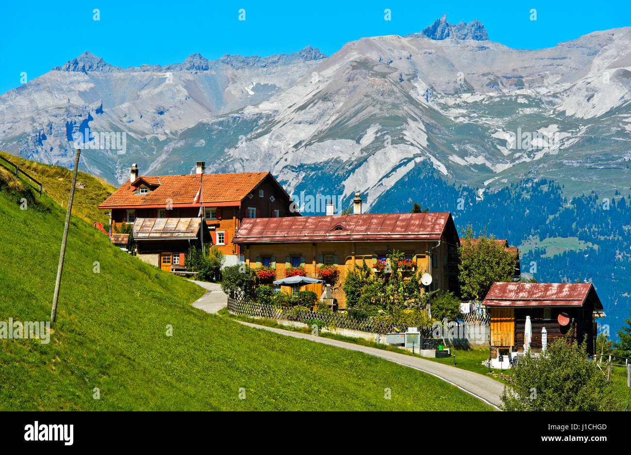 Hamlet Acla, Tenna, Safiental, behind to the right peak Ringelspitz, Grisons, Switzerland Stock Photo