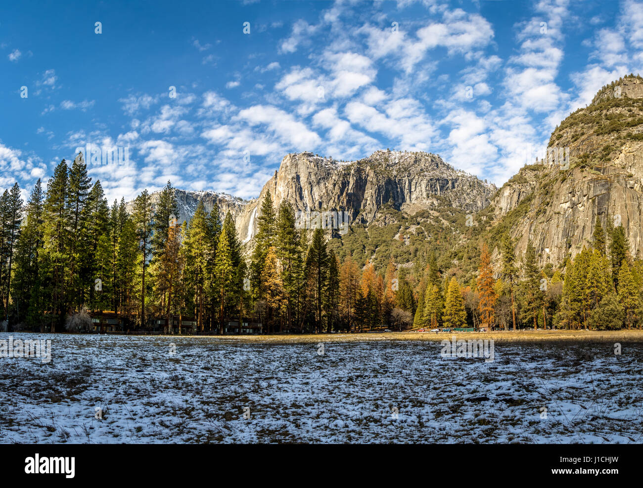 Yosemite Valley with Upper Yosemite Falls during winter - Yosemite National Park, California, USA Stock Photo