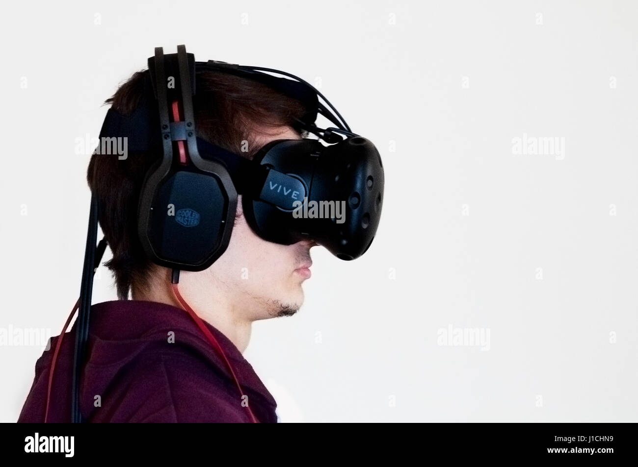 Man Tries Virtual Reality HTC Vive Headset Stock Photo