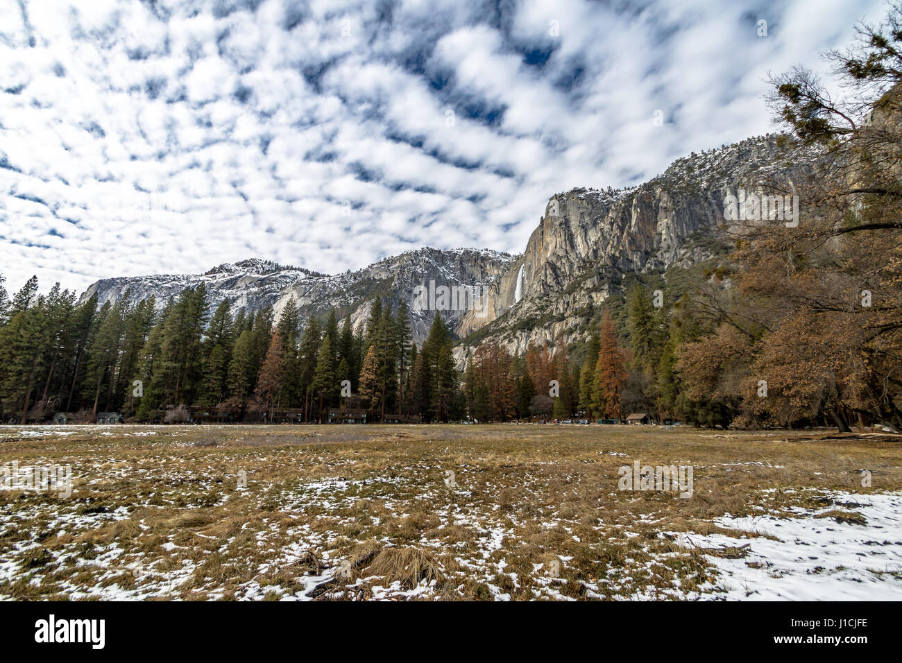Yosemite Valley with Upper Yosemite Falls during winter - Yosemite National Park, California, USA Stock Photo