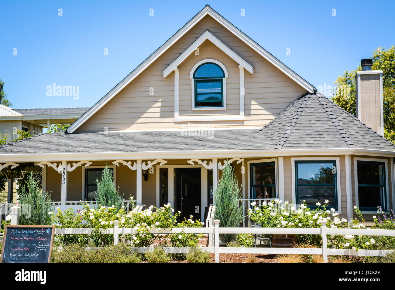 The Malibu Family Wines' tasting room's front porch and entrance to an historical Victorian style house in Los Olivos, CA in the heart of Santa Ynez Stock Photo