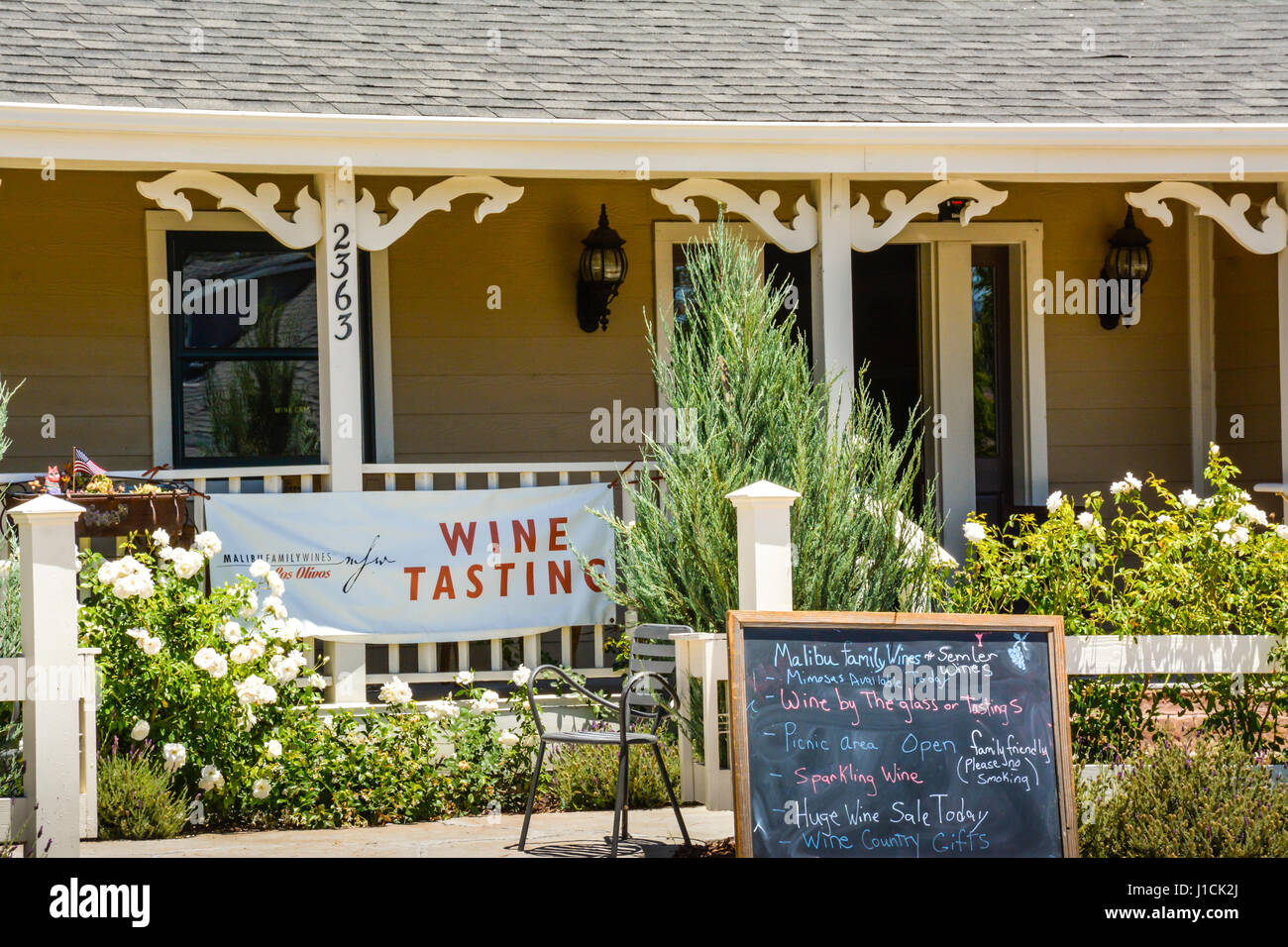 The Malibu Family Wines' tasting room's front porch and entrance to an historical Victorian style house in Los Olivos, CA in the heart of Santa Ynez Stock Photo
