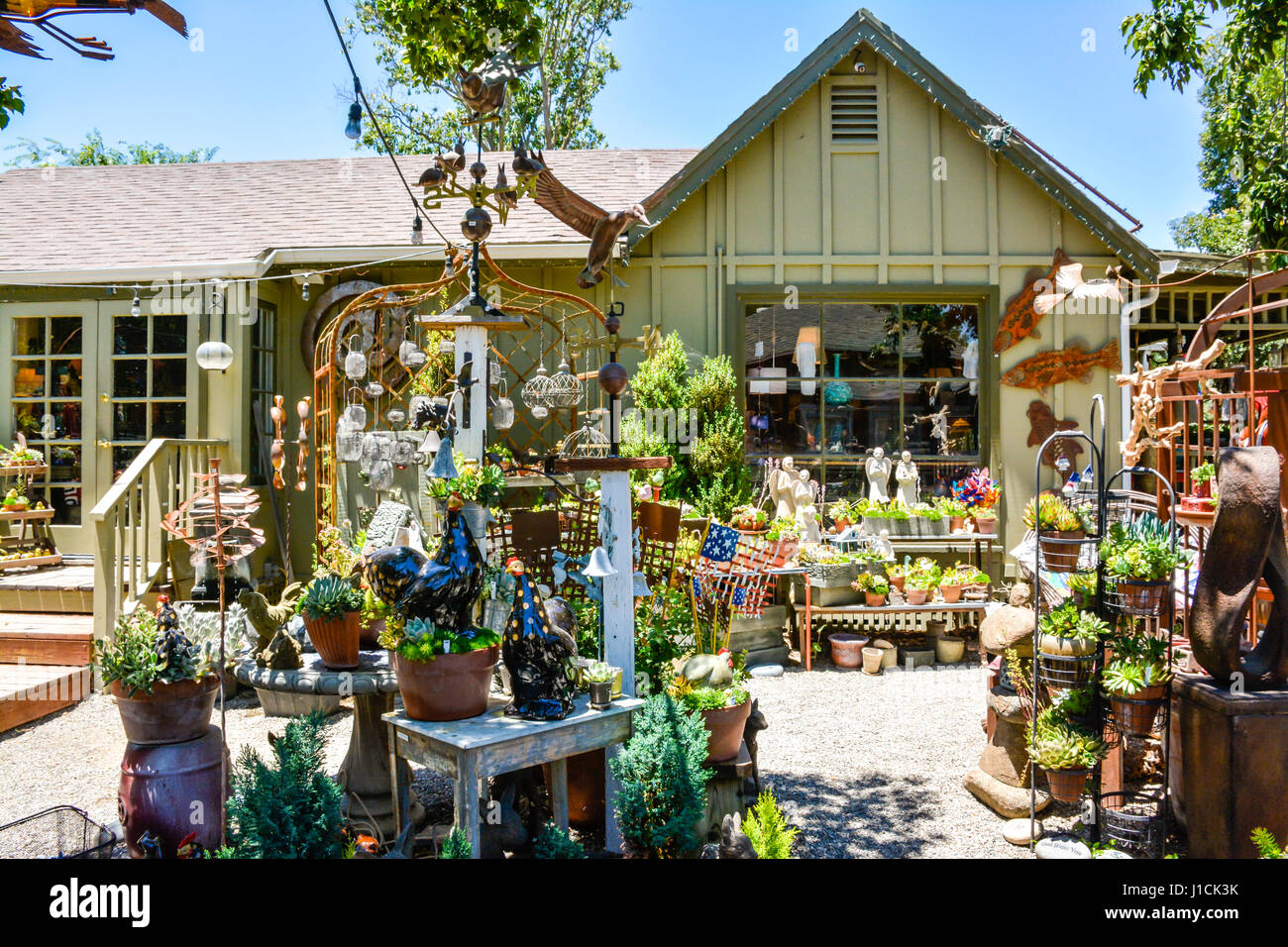 The whimsical collection of treasures at J. Woeste in Los Olivos, CA include unusual garden art and home decor in the heart of Santa Ynez Wine Country Stock Photo