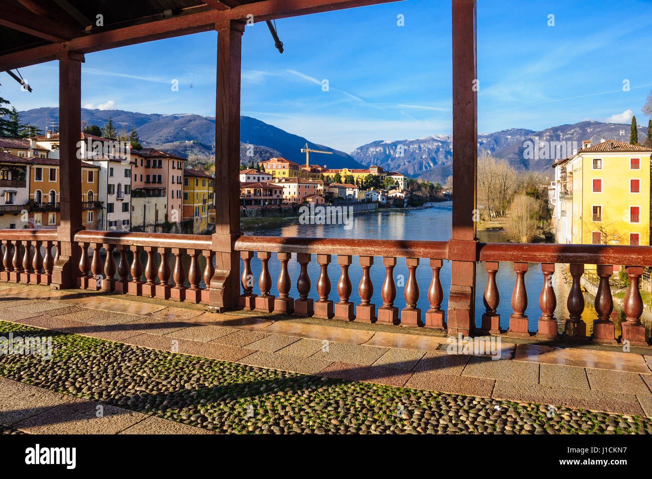 The Ponte Vecchio (or Ponte degli Alpini) bridge, and colorful houses