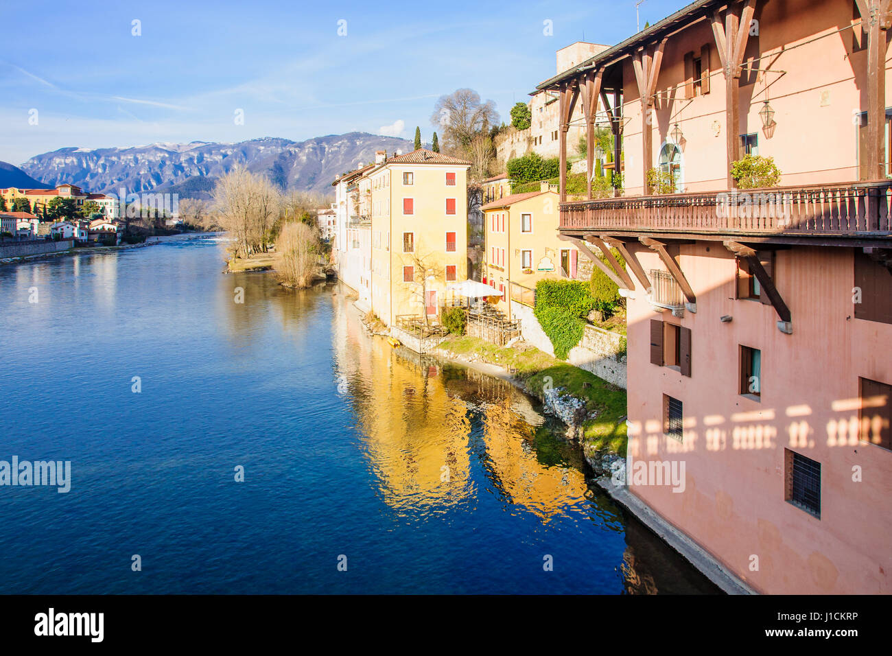 Colorful houses on the Brenta river, in Bassano del Grappa,