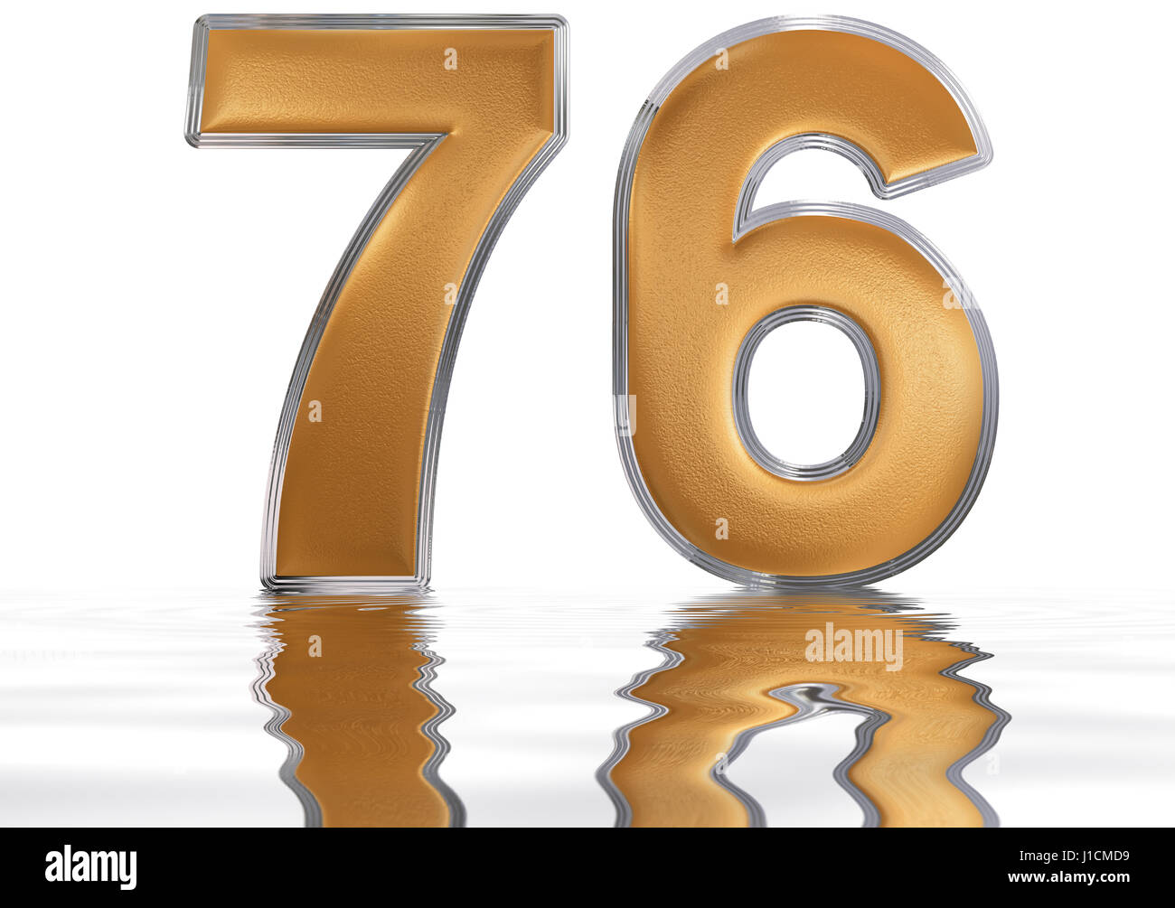 Numeral 76, seventy six, reflected on the water surface, isolated on ...