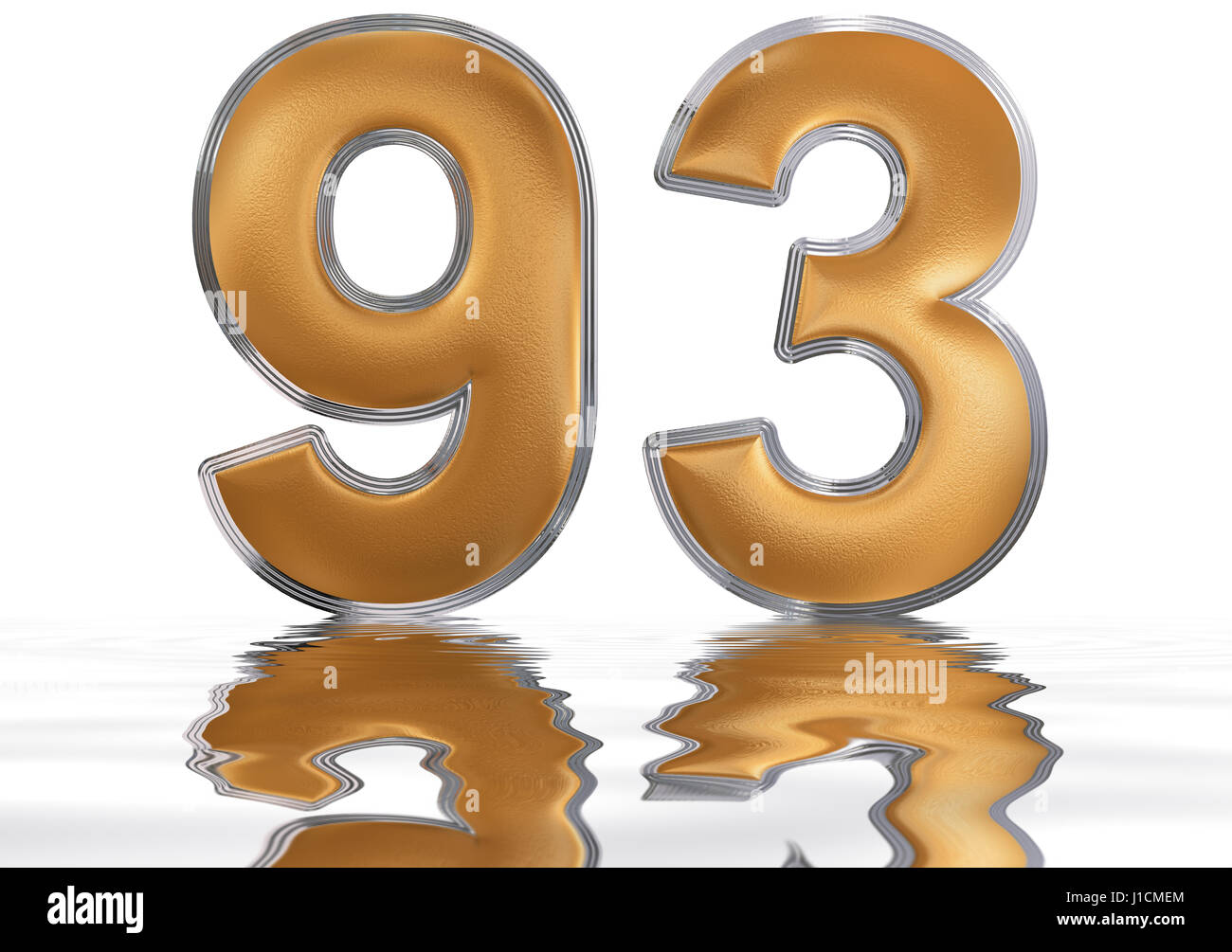 Numeral 93, ninety three, reflected on the water surface, isolated on ...