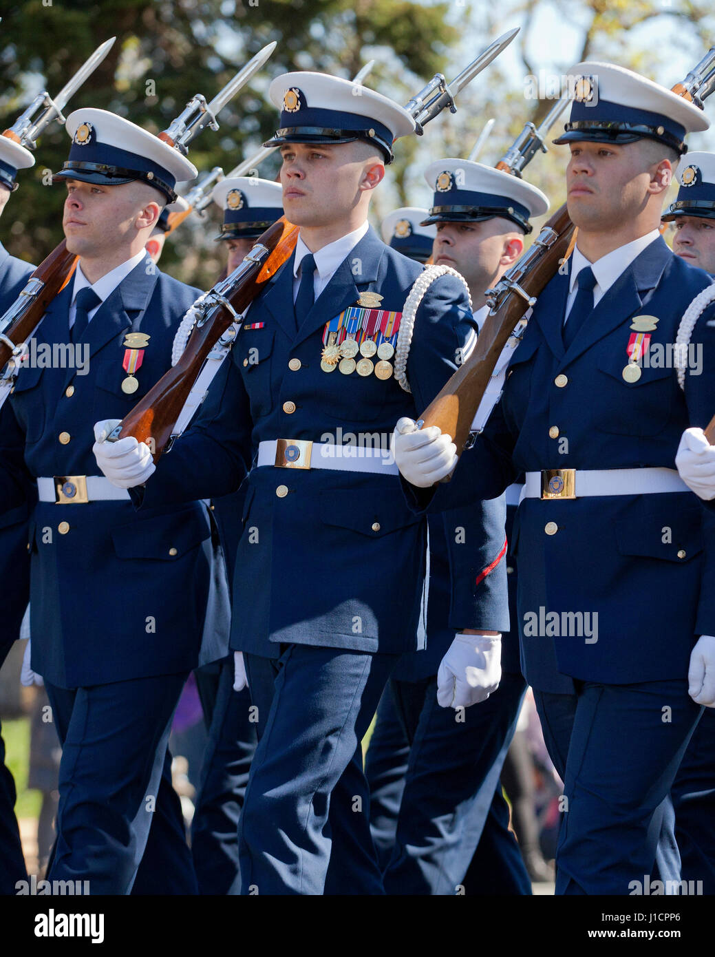 US Coast Guard Honor Guard marching during parade - Washington, DC USA Stock Photo