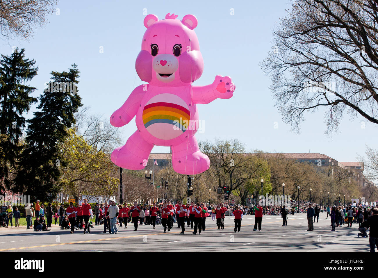 Cherry Blossom Festival Teddy Bear float decorated with a rainbow patch - Washington, DC USA Stock Photo