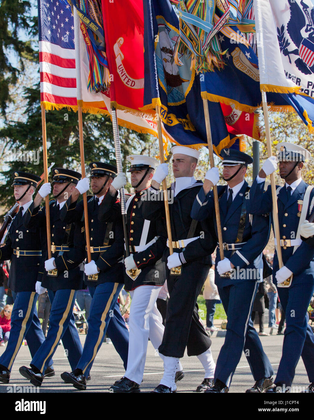 Joint Service Color Guard (honor guard) marching in parade - USA Stock Photo