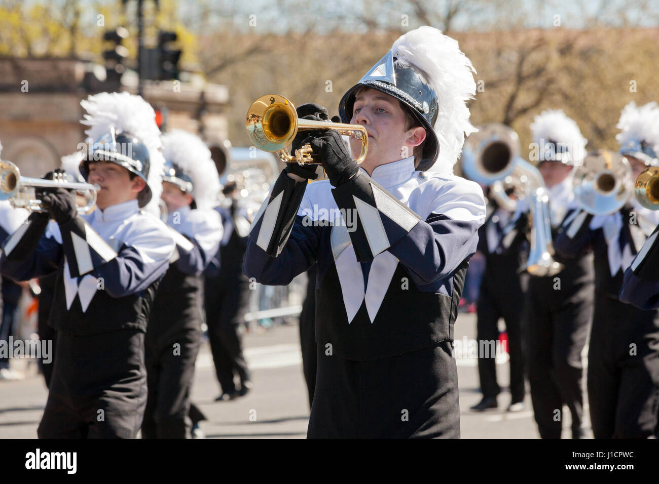 High school marching band participating in street parade - USA Stock Photo