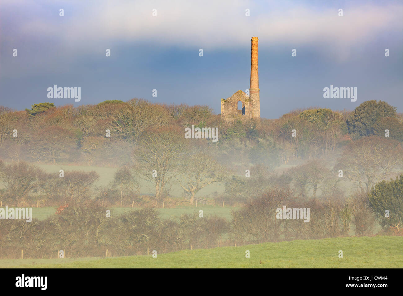 Killifreth  Engine House captured from near Wheal Bush on a misty morning. Stock Photo