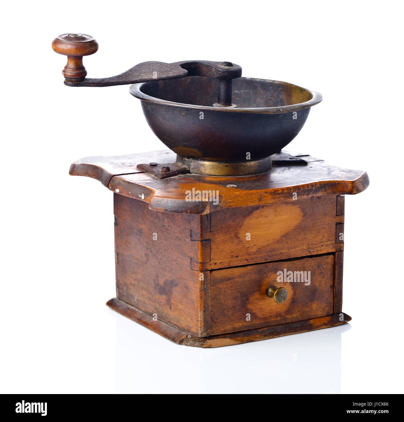Old wooden coffee grinder isolated on a white background Stock Photo