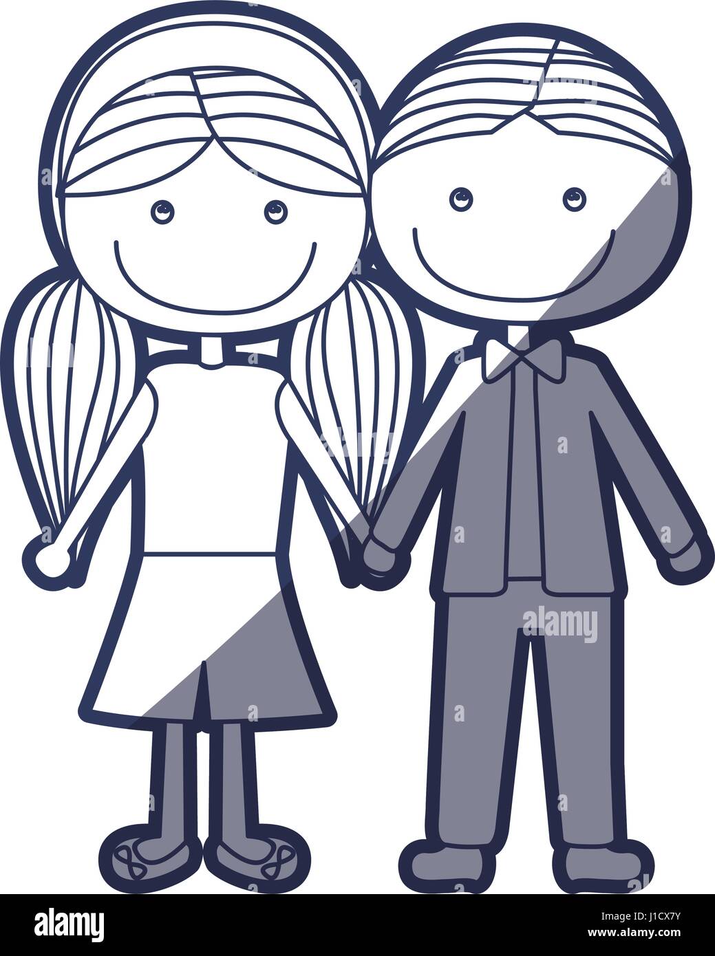 Blue Color Contour Caricature Boy Short Hair And Girl Pigtails