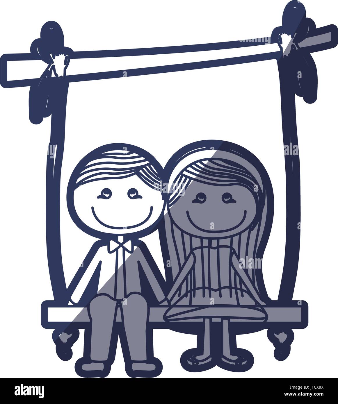 blue color contour caricature couple sit in swing hanging from a branch Stock Vector