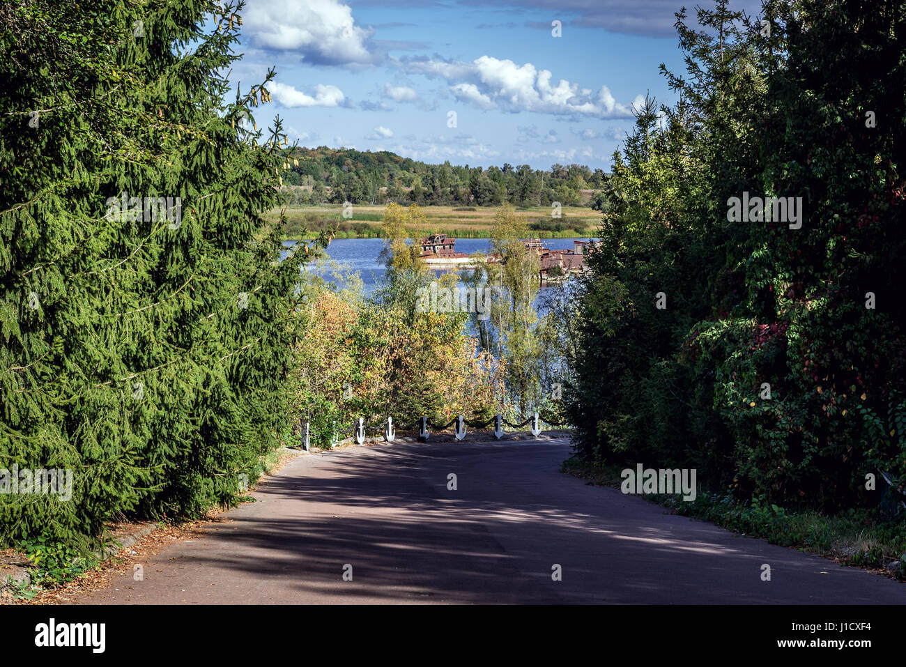 Ship wreck on backwater of Pripyat River seen from a road in Chernobyl town, Chernobyl Nuclear Power Plant Zone of Alienation, Ukraine Stock Photo