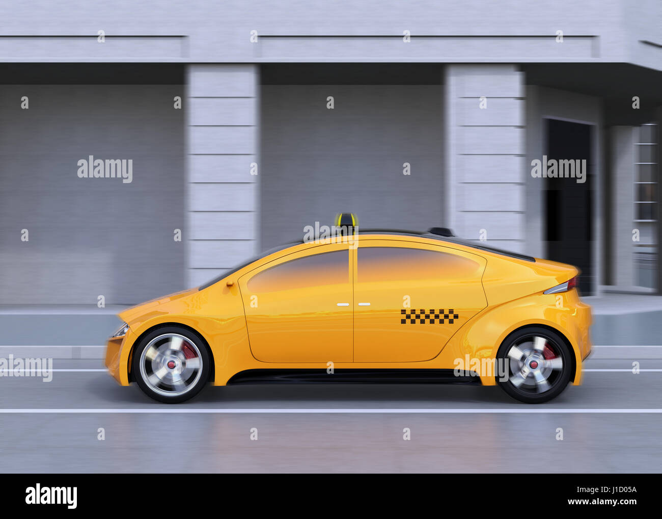 Side view of yellow taxi passing the crossroads. 3D rendering image ...