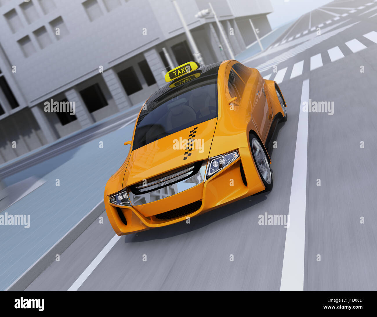 Yellow taxi driving on the street. 3D rendering image. Stock Photo