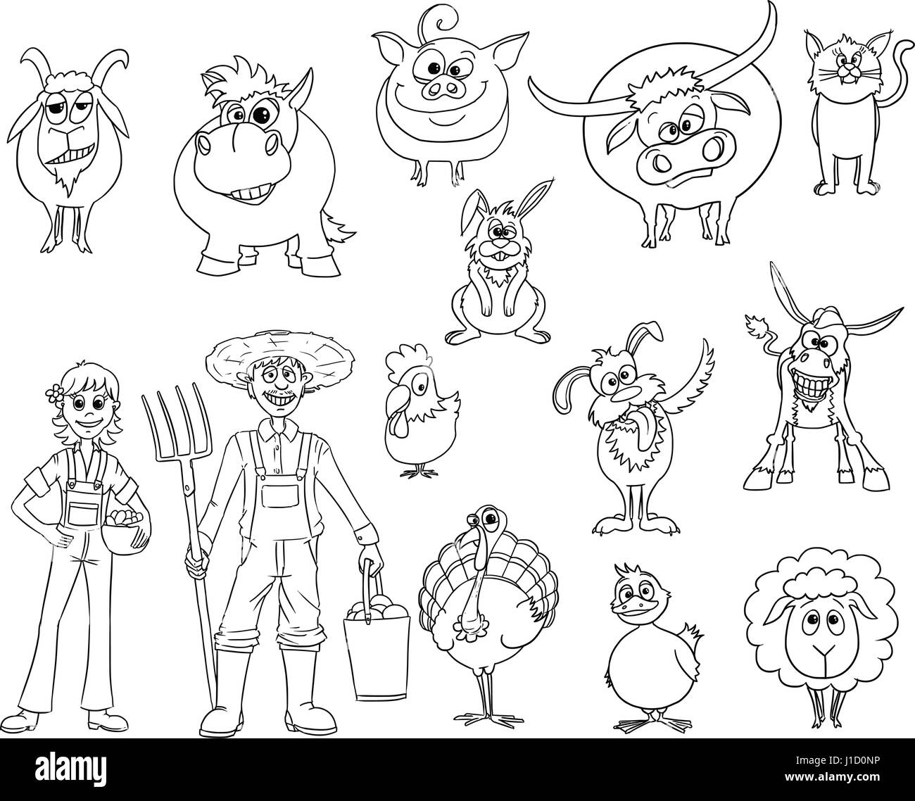 Hand drawn set of cartoon vector farm animals and male and female farmers Stock Vector