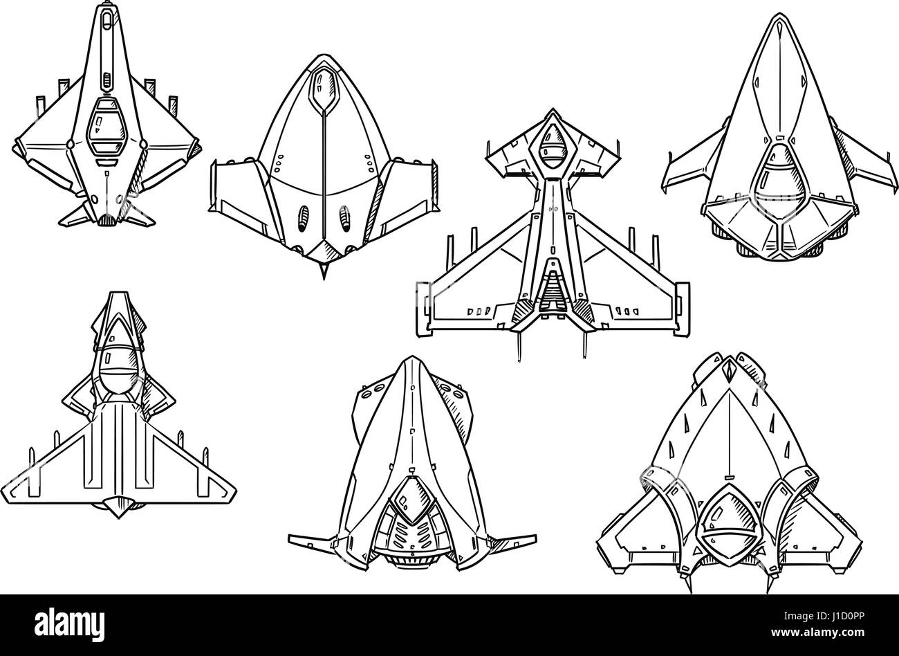 Set of hand drawn spacecraft spaceship designs, concept art in black and white Stock Vector