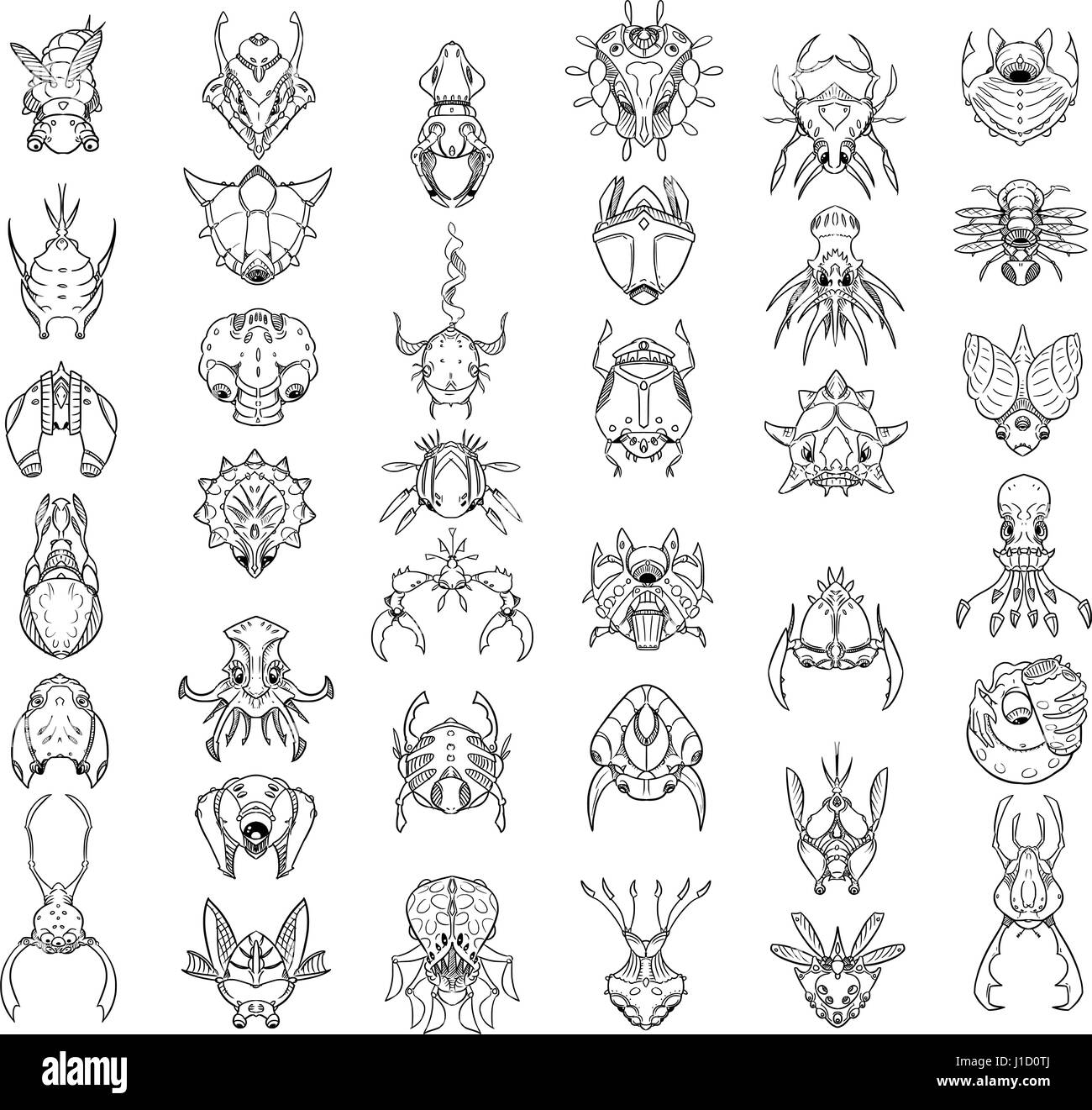 Large Set of 37 hand drawn cartoon monsters and creatures in top down view Stock Vector