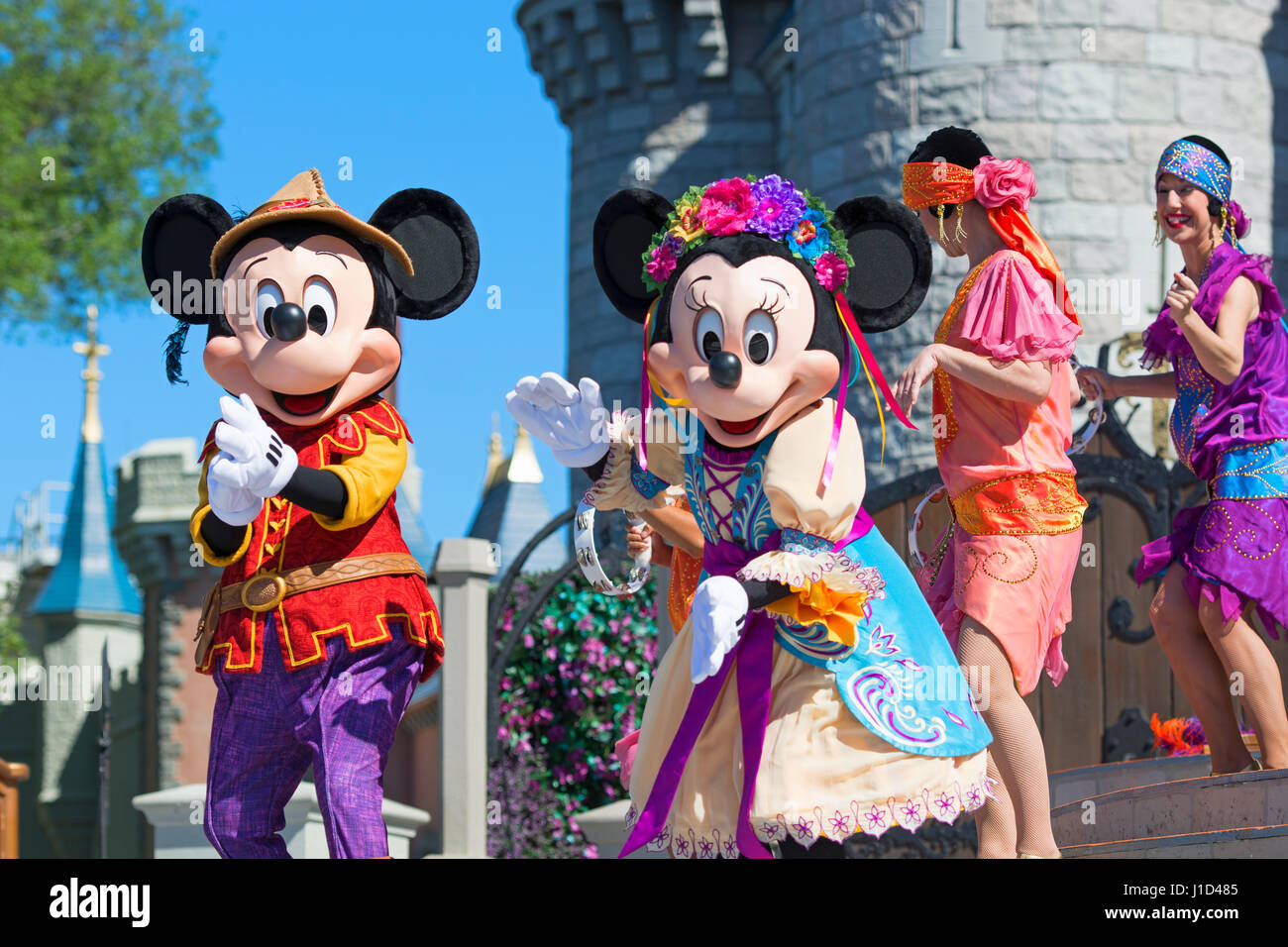 Mickey Mouse and Minnie Mouse, Mickey's Royal Friendship Faire Live show at Cinderella Castle, Magic Kingdom, Disney World, Orlando Florida Stock Photo